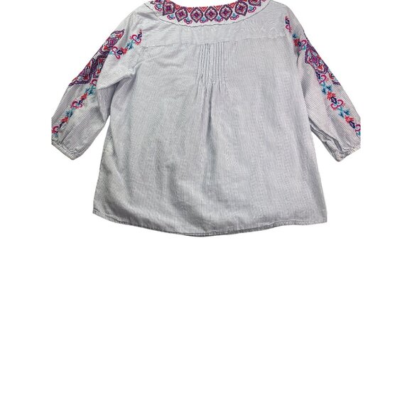 Chico's Womens Boho Embroidered Tassel Tunic Top Size M Petite Pinstripe Cotton - Picture 8 of 11